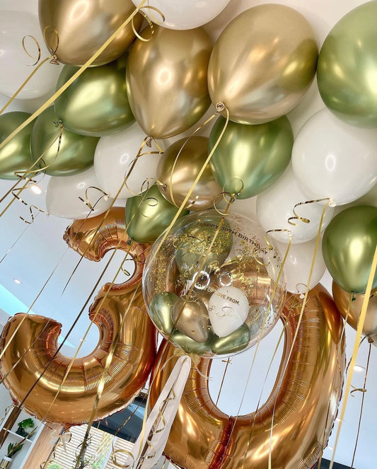 15 Helium Balloons + 2 Numbers + Clear Customized Balloon