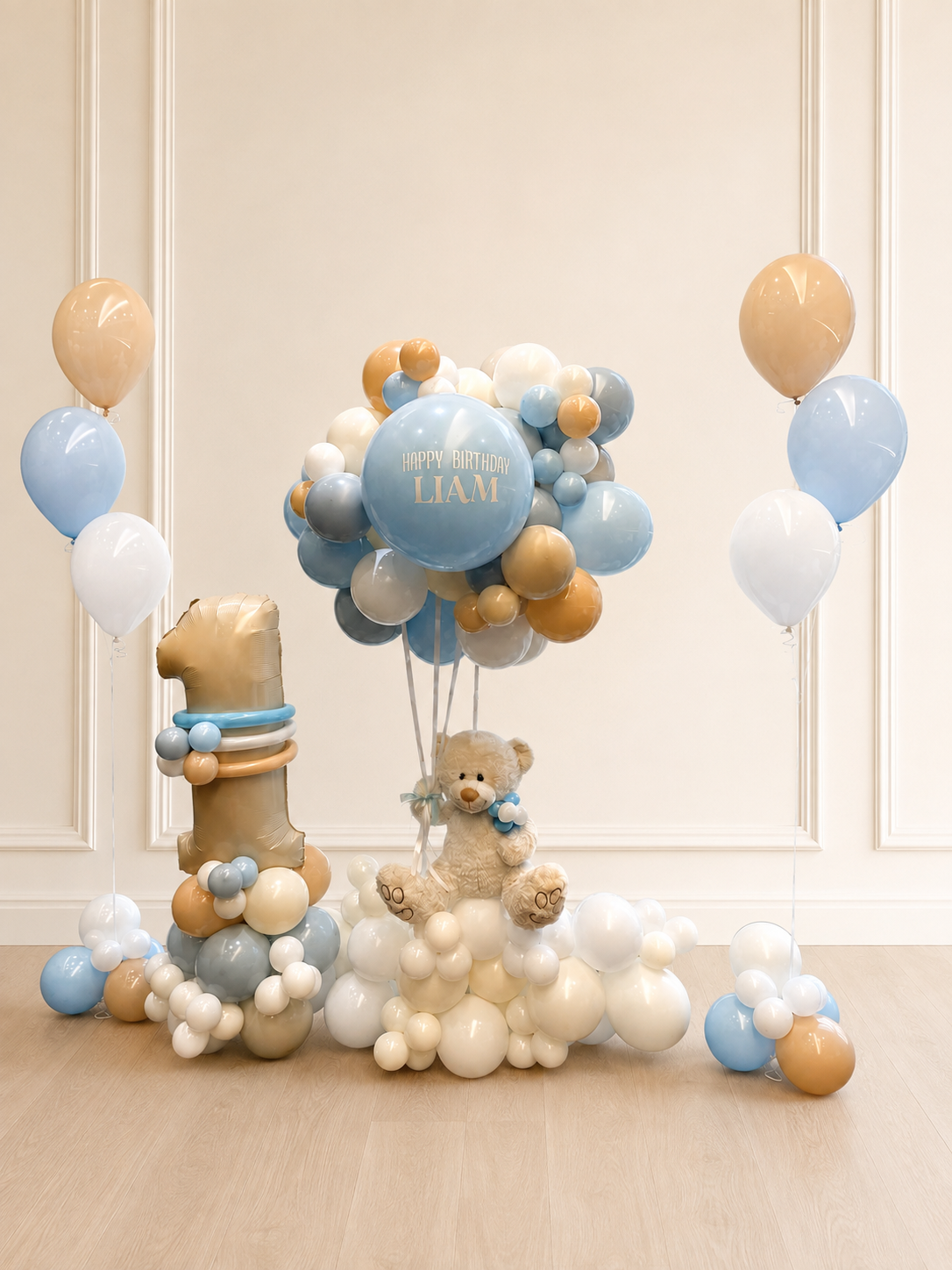 1st Birthday Balloon Decor – Custom Teddy Bear on a Cloud